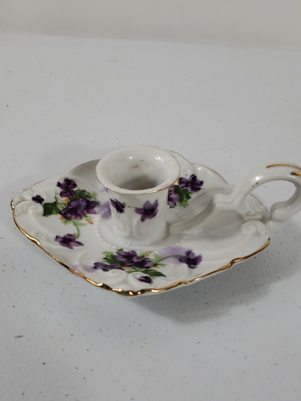 Porcelain Violets Chamberstick Candle Holder with Gold Trim